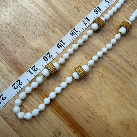 Miriam Haskell Vintage Milk Glass Bead Necklace With Gold-Tone Accents - Picture 8 of 16